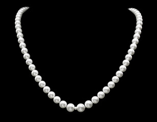 A white pearl necklace on a black background.