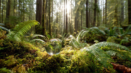 Fototapeta premium A glass sphere rests on mossy forest floor surrounded by ferns, reflecting the tall trees and sunlight filtering through dense woodland vegetation