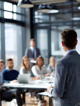 Focused Forum: A dynamic business presentation unfolds within a modern corporate setting, with an attentive audience. A speaker in a suit, captivating the room.