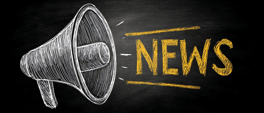 Chalkboard illustration of a megaphone announcing the word "NEWS" in bold yellow letters, symbolizing communication, announcements, and information dissemination