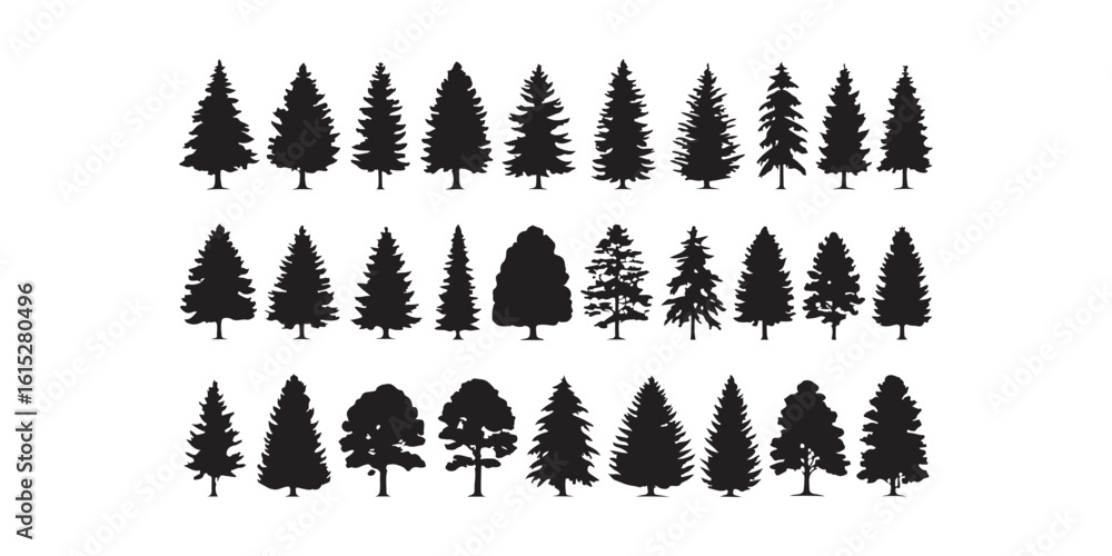 Aufkleber a collection of tree silhouettes arranged in rows on a white background in a vector format