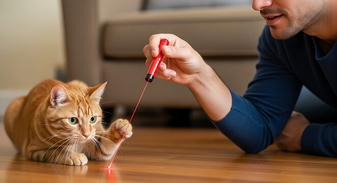 Man playing with cat using laser pointer toy at home fun pet owner interaction domestic animal entertainment