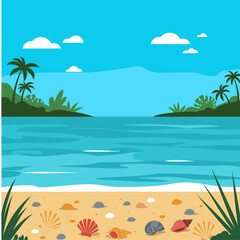Summer Tropical Beach Landscape with Seashells, Ocean, Palm Trees, and Blue Sky Vector Illustration
