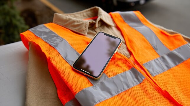 Reflective safety vest and smartphone on table outdoors