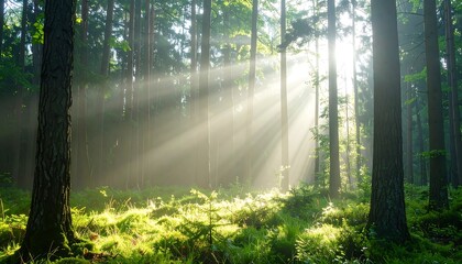 Crisp Detail: Quiet Forest with Sunbeams Morning Air