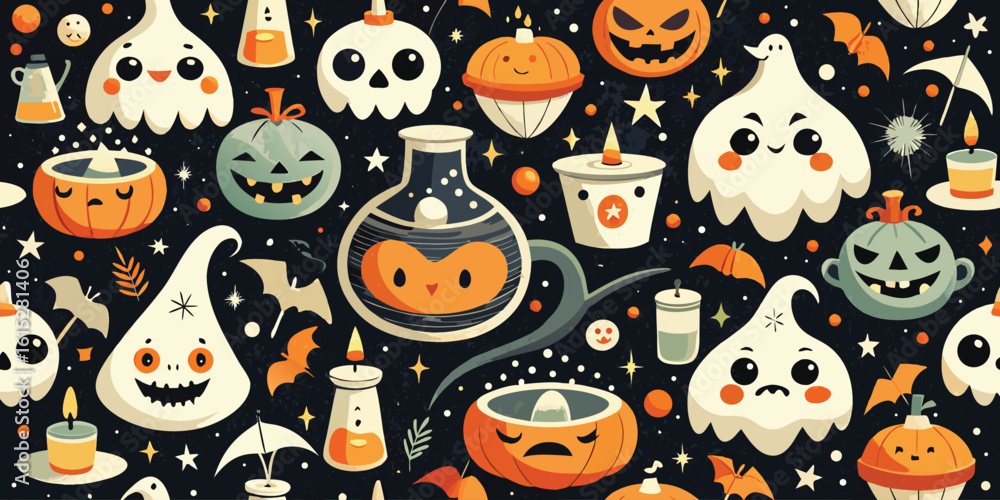 Poster seamless halloween pattern with cat illustration in cmyk color model