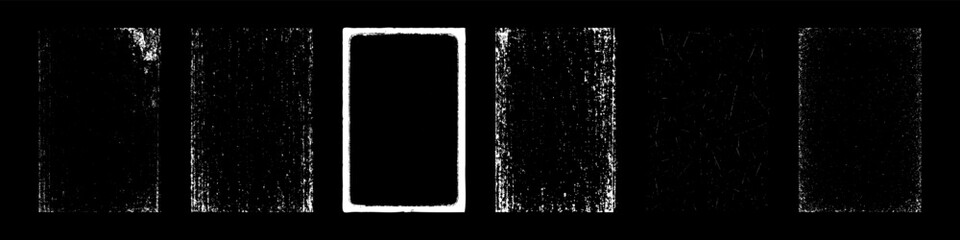 Set of white grunge overlays with scratches, dust, and vintage film frame. Retro texture collection for photo editing and print design concept.