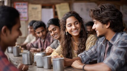 Obraz premium happy indian couple sitting at restaurant