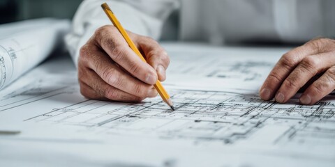 Architect working on building plans with pencil in an office setting during the day
