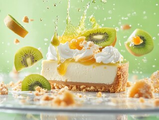 Delicious cheesecake topped with kiwi and fruit garnish exploding with flavor in a vibrant setting