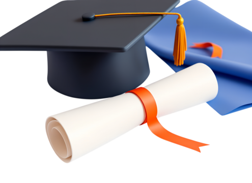 Dark blue graduation cap with orange tassel and rolled diploma with orange ribbon mortarboard