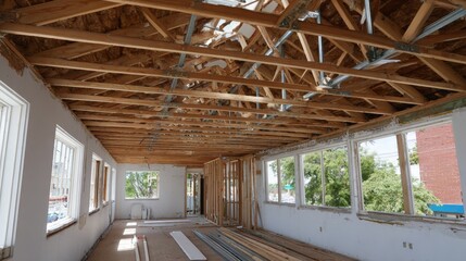 Residential attic construction with exposed wooden beams in progress