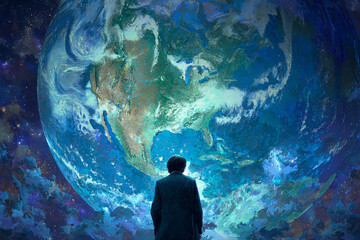 A lone figure stands in silhouette, gazing at the majestic earth suspended in the vastness of space