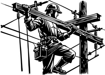 Lineman Working on Utility Pole - Rural Power Infrastructure Repair