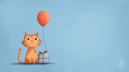 Greeting card with a cute kind cat sitting next to a gift and a balloon.