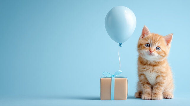 Greeting card with a cute kind cat sitting next to a gift and a balloon.