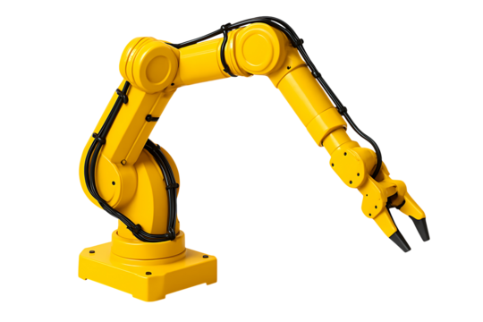 Yellow industrial robot arm automation manufacturing machinery technology equipment  isolated on transparent background