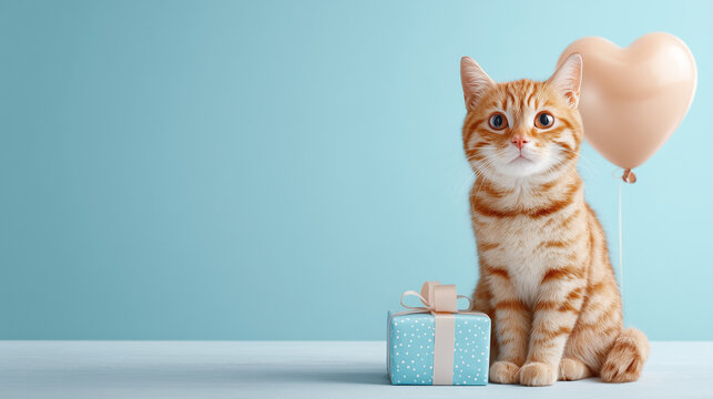 Greeting card with a cute kind cat sitting next to a gift and a balloon.