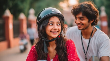Young indian girl riding scooter adjusting helmet