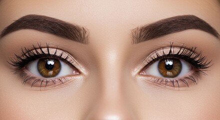 Obraz premium Close-up of a pair of well-groomed brown eyes with defined eyebrows and long dark lashes, set against a soft, neutral background. The skin appears smooth and flawless