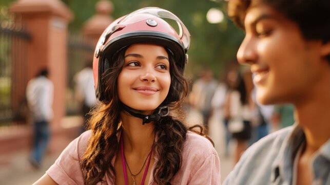 Young indian girl riding scooter adjusting helmet - Powered by Adobe