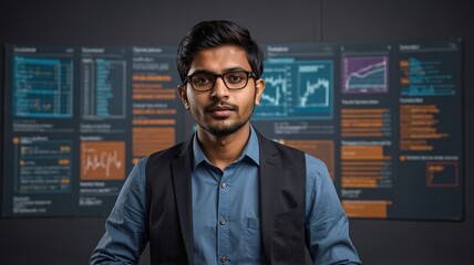 Confident South Asian male analyst in smart attire, focusing on data analysis with digital graphs in the background.