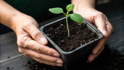 Hands gently holding a young plant in a square pot