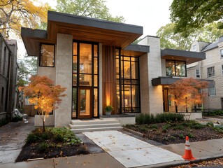 A modern house exterior showcases large and beautiful architectural design in a residential neighborhood.