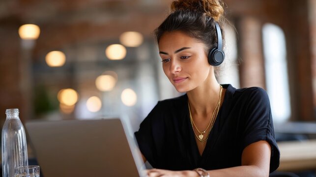 woman wearing headphone and working on laptop