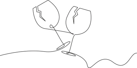 Continuous Line Drawing of Champagne Glasses Black Sketch on White Background. Two Glasses Simple One Line Drawing. Minimal Hand Draw Illustration for wedding, Party, Holiday, Invitation Vector.