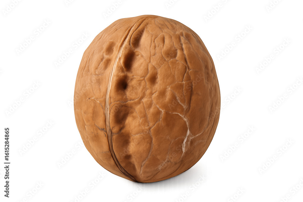 Poster close-up of a whole walnut shell, showcasing its intricate texture and details, isolated on a transp