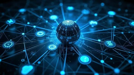 Dynamic futuristic network with glowing sphere and connection points, excellent for data transfer