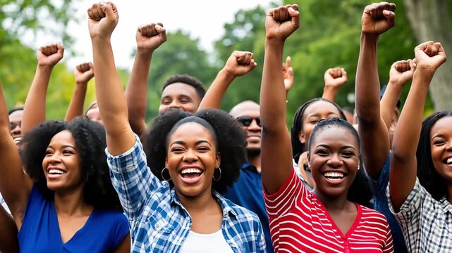 Group of activists raising fists and smiling during a demonstration for equal rights and social justice