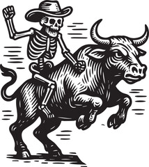 skeleton riding a raging bull hand drawn black vector illustration
