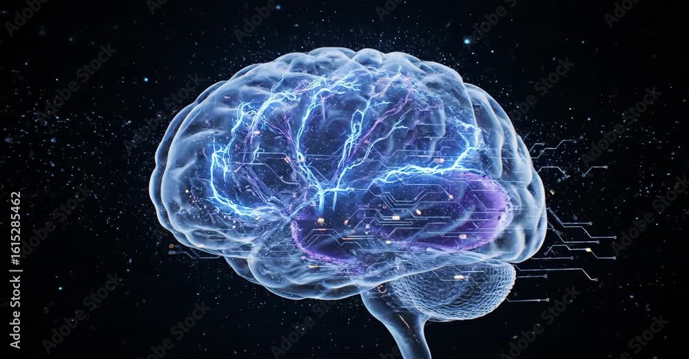 Poster dynamic digital brain visualizing electrical impulses and neural network activity, showcasing advanc