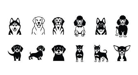 Vector silhouette illustration a set of dog breed portraits in silhouette, featuring a poodle, dachshund, rottweiler, and shiba inu