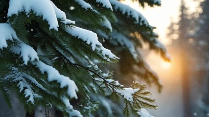 Close-up of snow covered pine branch glowing in golden sunlight in winter forest creating magical atmosphere - Powered by Adobe