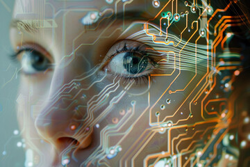 A beautiful woman's face is overlaid with a circuit board pattern, blending technology and elegance for a striking and modern visual effect.
