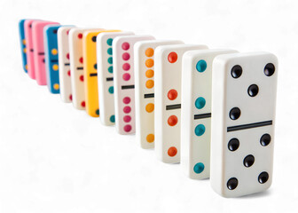Row of colorful dominoes with black dots arranged diagonally on black background game