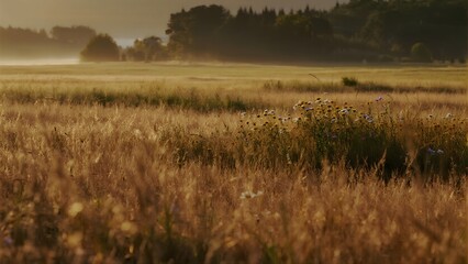 Late summer countryside with dry grass, fading wildflowers, and warm golden light, hinting the coming of fall.