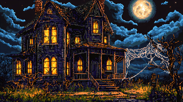 Haunted Victorian house at night, lit windows, cobwebs, spooky atmosphere - Powered by Adobe