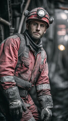 Naklejka premium The miner is depicted in specialized work clothes. On his head he has a protective helmet with a headlamp. Reliability and dedication to the profession.
