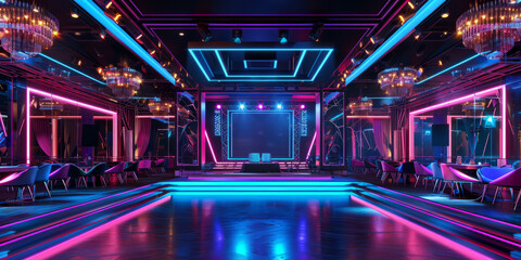 Interior of nightclub with stage, electrical style.