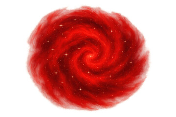 Vibrant red spiral galaxy spinning against transparent backdrop, illuminated by stellar clusters, ideal for cosmic-themed visual designs