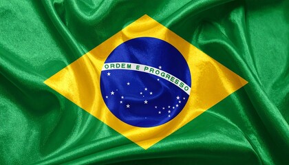 Brazilian flag—green field with yellow diamond framing a celestial blue globe of 27 stars and the motto “Ordem e Progresso,” symbolizing unity, cosmic order, and national ambition.