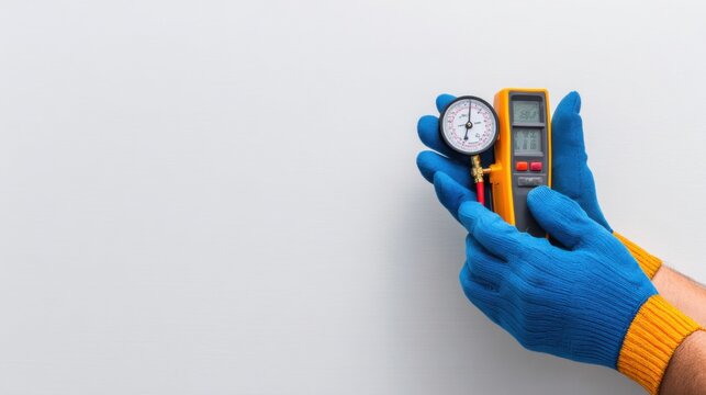 Professional technician using a pressure gauge and digital multimeter with blue gloves in a clean environment - Powered by Adobe