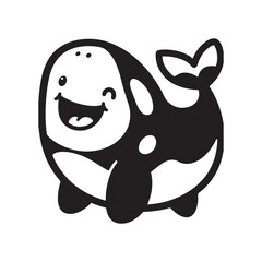 An adorable line drawing of a baby orca whale with a big smile and a playful pose. 
