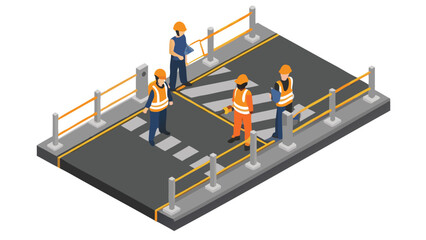 Isometric view of road workers on a crosswalk with safety barriers and construction workers present