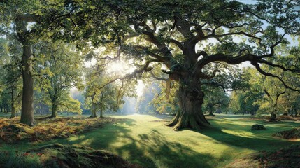 Obraz premium Sunlight streams through ancient oak trees in a tranquil forest glade