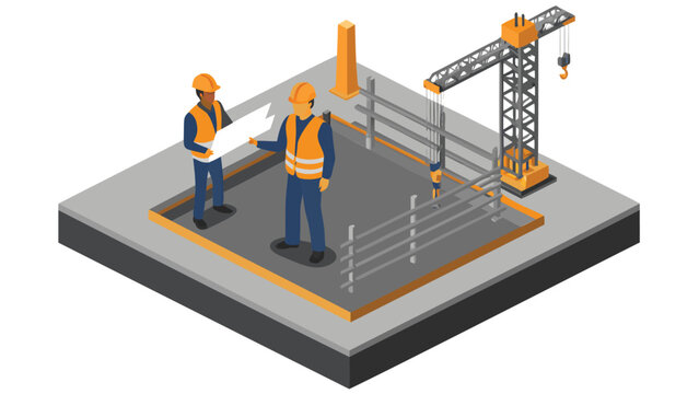 Isometric view of construction site with two workers reviewing plans and a crane on a concrete slab
